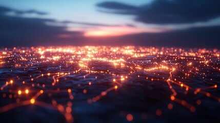 Naklejka premium A digital landscape with glowing lines resembling a network at sunset.