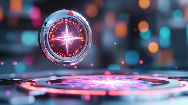 A futuristic compass design with glowing elements and a dynamic background.