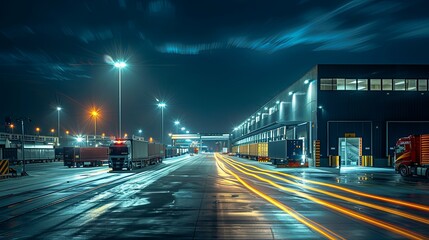 Nighttime Logistics Hub: Semi-Trucks and Cargo at a Modern Distribution Center