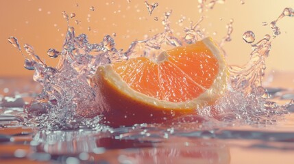Orange slice splashing in water with vibrant motion and light