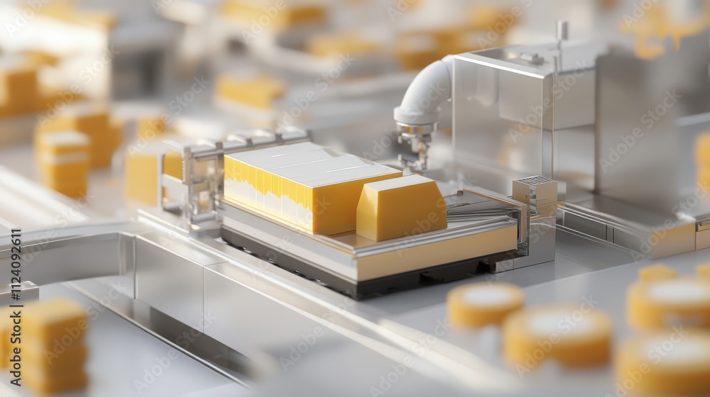 Aufkleber automated food processing line with blocks of cheese on conveyor belt.