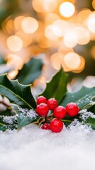 Winter holly with red berries and bokeh lights
