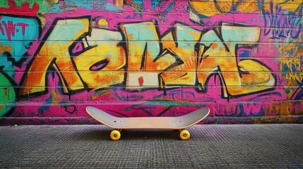 Skateboard stand on vibrant graffiti wall