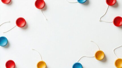 Colorful plastic cups with strings arranged in a circular pattern on a white background.
