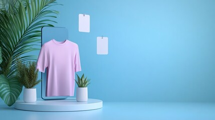 A minimalist display featuring a pink shirt, plants, and blank notes against a blue background.