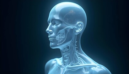 Detailed anatomical models of the human head and upper body, displaying internal structures and systems in a transparent, ghostly style