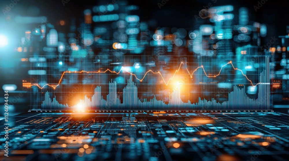 Poster digital data visualization with vibrant graphs and abstract city background for technology and finan