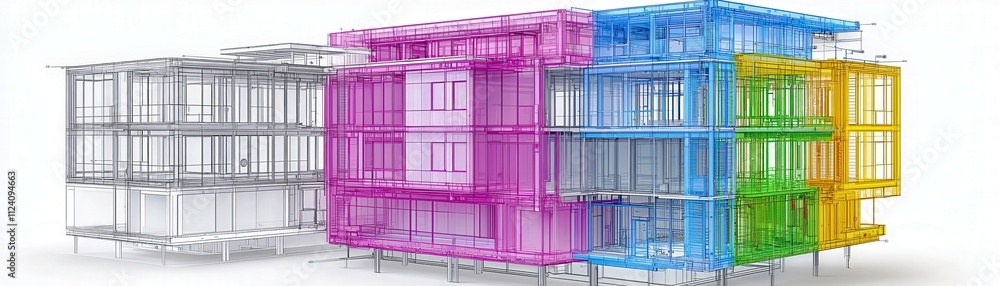 Poster colorful architectural wireframe model showcasing modern building design with multiple layers and co