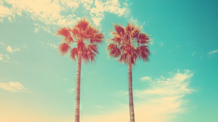 Obraz premium Vibrant tropical palm trees silhouetted against a warm, vintage-inspired sky, evoking a relaxed beach vacation atmosphere and timeless coastal vibes
