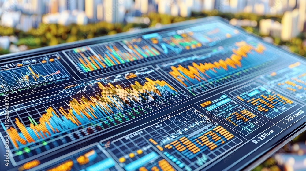 Poster high-tech financial data analysis display with colorful charts and graphs overlooking a cityscape