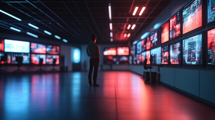 A person stands in a dimly lit room, observing multiple screens displaying data.