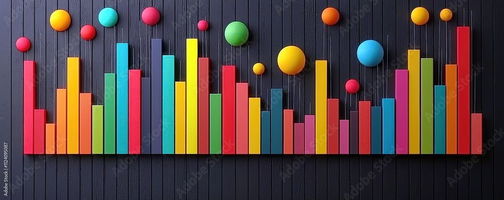 Poster vibrant colorful sound bars graph with 3d circular elements on a stylish dark background for creativ