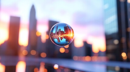 Fototapeta premium A reflective bubble captures a city skyline during sunset, creating a surreal visual effect.