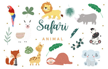 safari animal element object design with leaves decoration