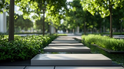 A serene pathway lined with greenery and water features in a tranquil park setting.