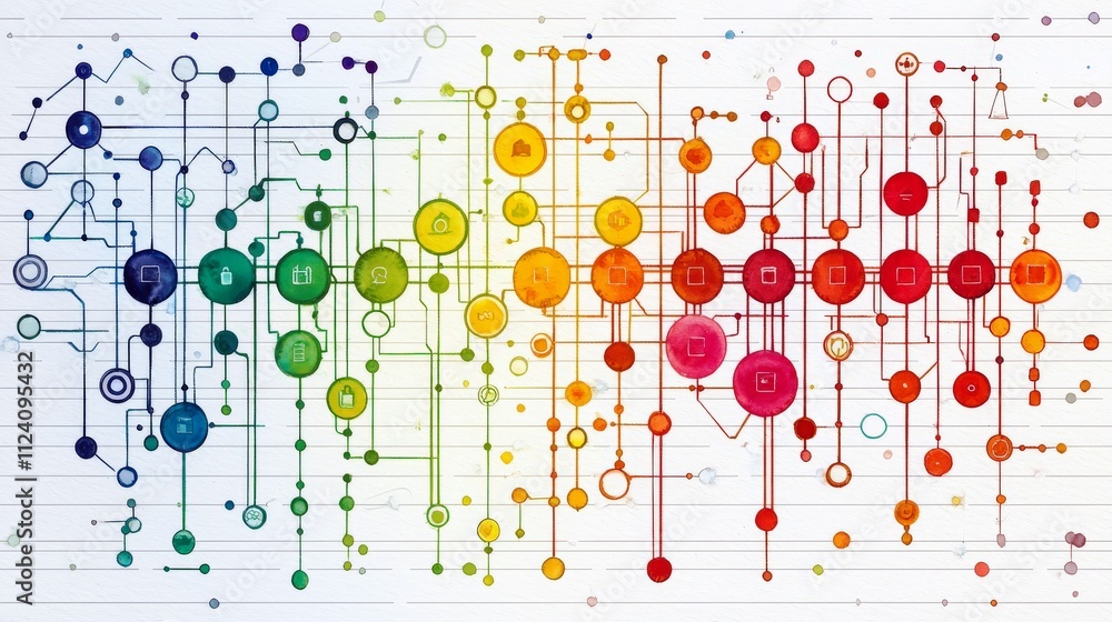Poster colorful abstract network of circles and lines representing technology connections, communication, d