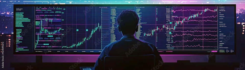 Poster focused individual analyzing complex financial data with advanced charts and graphs on a large monit