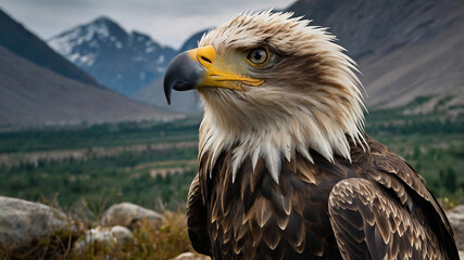 Naklejka premium mountain hawk (Nisaetus nipalensis) perched on a rocky outcrop, with striking, well-groomed feathers. The hawk's head is adorned with a glorious, sleek crest of feathers