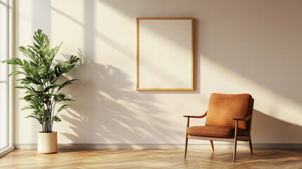 Blank horizontal frame with brown armchair with green plant in pot. A stylish blend of earthy tones and natural light featuring a sleek chair, plants, and a wooden frame