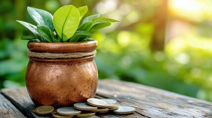 Green plant growing in a copper pot next to coins symbolizes growth, investment, and prosperity in a serene outdoor setting