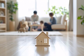 Simple wooden house model on a floor with blurred indoor home family activity as background