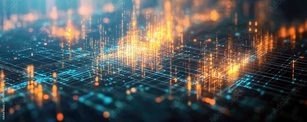Poster abstract representation of data connections with glowing orange and blue lines forming a grid patter