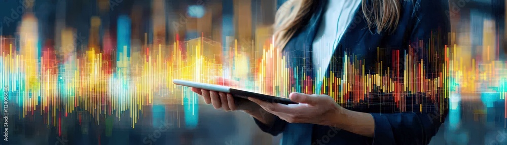 Poster businesswoman using tablet to analyze data visualization with colorful waveform graphics in modern o