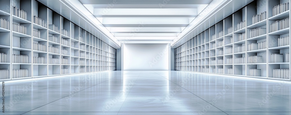 Poster modern minimalist library interior with illuminated bookshelves, sleek flooring, and spacious design