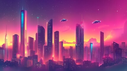 Fototapeta premium Futuristic city skyline at sunset with flying vehicles.