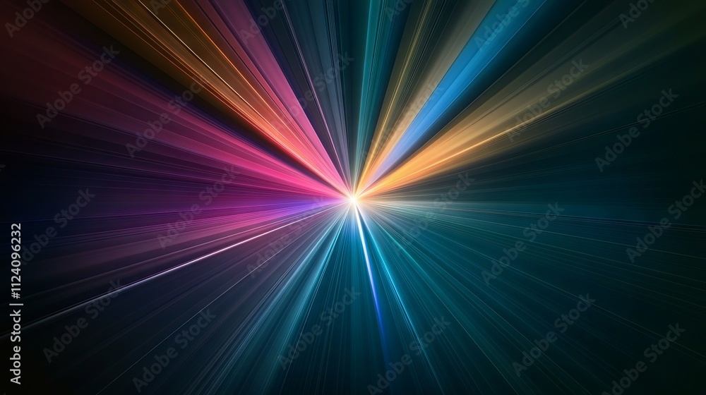Poster abstract dark background featuring radiating multicolored light beams forming dynamic stripes as the
