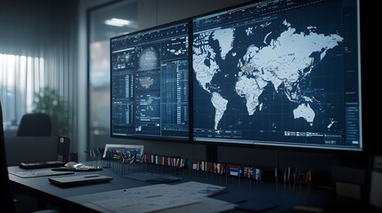 A Modern War Room Setup with Detailed Maps and Data Screens, Showcasing Global Military Strategy and High-Tech Equipment in an Innovative Workspace Environment