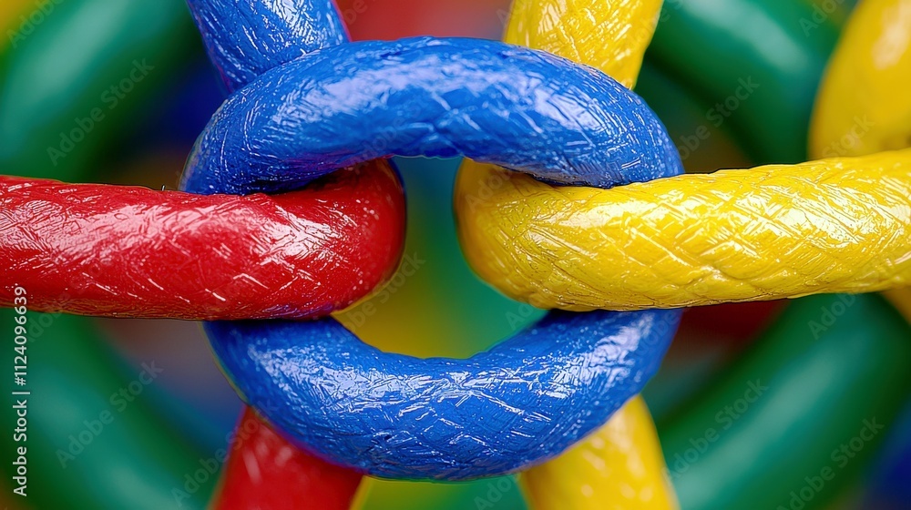 Poster colorful interlinked rings on a vibrant background showcasing unity and connection in a playful and 