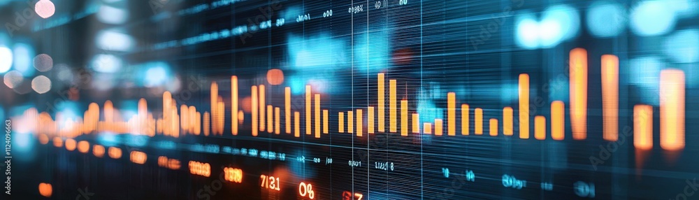 Poster dynamic data visualization with bar graphs and bright colors depicting statistical insights and tren