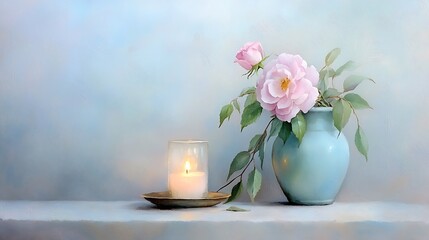 Serene floral still life candlelit indoor arrangement for a calming ambiance