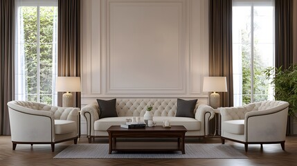 Fototapeta premium Elegant Lounge with Timeless Furniture Design Featuring Rich Upholstery and a Warm, Inviting Atmosphere Perfect for Relaxation and Sophisticated Gatherings