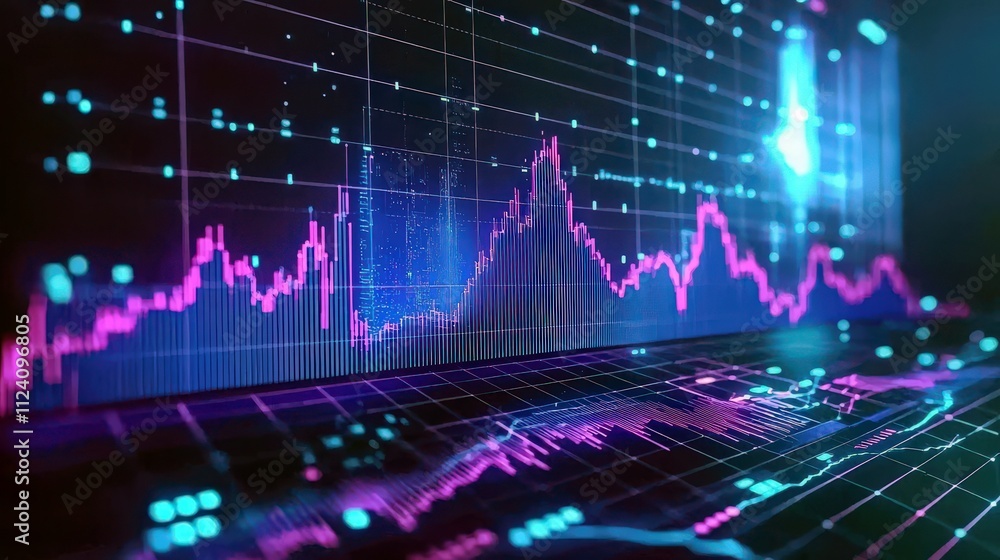 Poster vibrant abstract financial data visualization with dynamic graphs and charts in neon colors