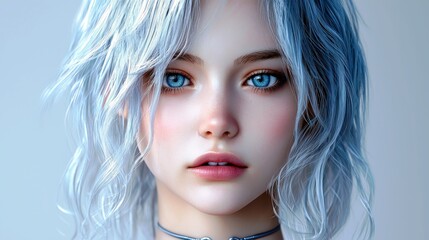 Fototapeta premium Portrait of Young Woman with Light Blue Hair and Striking Blue Eyes in Soft Light Environment Showing a Calm Expression and Elegant Choker Accessory