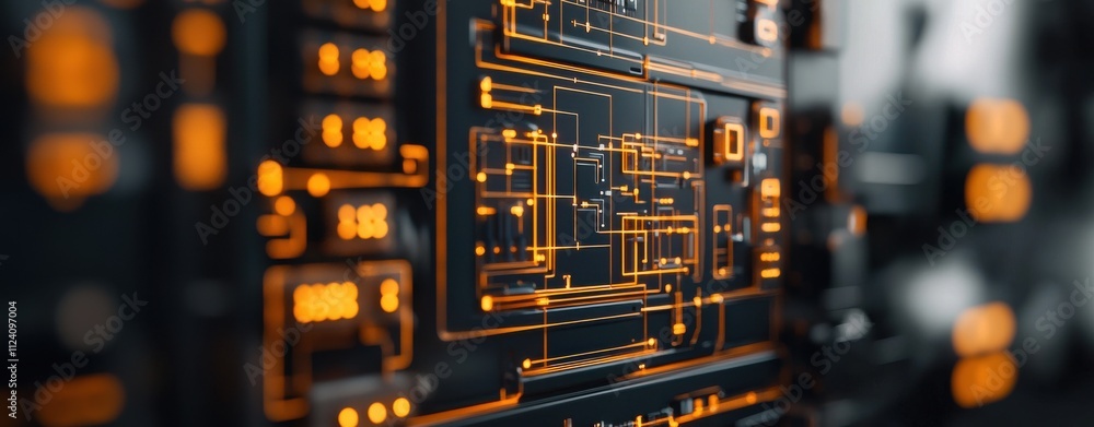 Poster a close-up view of a circuit board with illuminated orange lines and a dark background, showcasing i