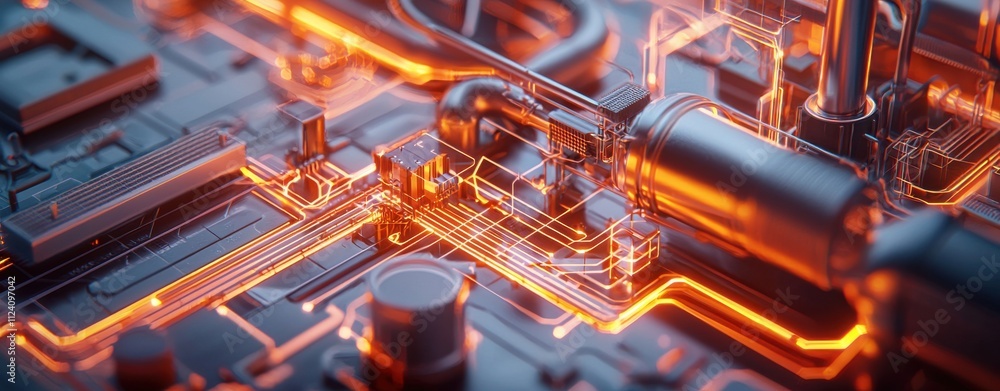 Aufkleber a vibrant, close-up view of a futuristic circuit board with glowing orange pathways and metallic com