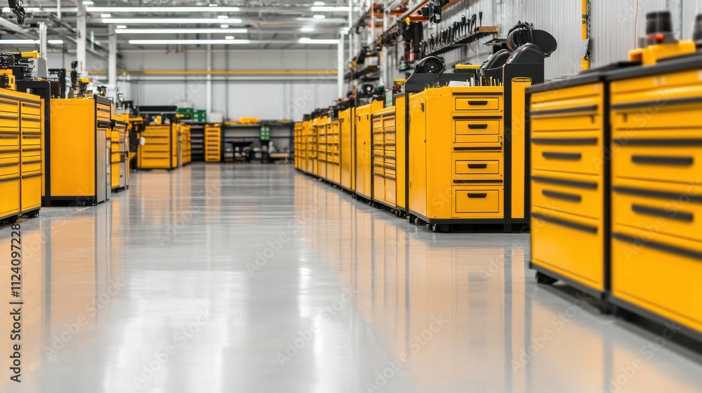 Poster a spacious workshop with rows of yellow tool cabinets and a polished floor, designed for organizatio
