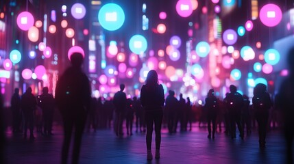 A vibrant urban scene filled with colorful lights and silhouettes of people enjoying the atmosphere.