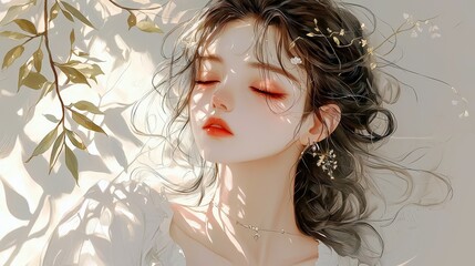 Serene Portrait of a Young Woman with Soft Features, Delicate Makeup, and Flowing Hair Surrounded by Natural Elements and Gentle Light