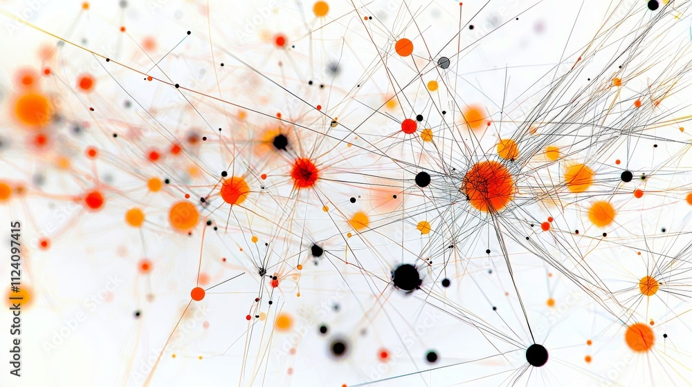 Poster abstract connection network with colorful nodes and thin lines on a white background for technology 