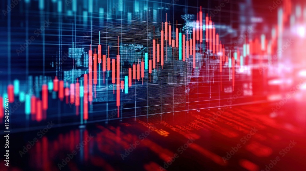 Poster financial trading graph with candlestick patterns and digital data visualization in red and blue col