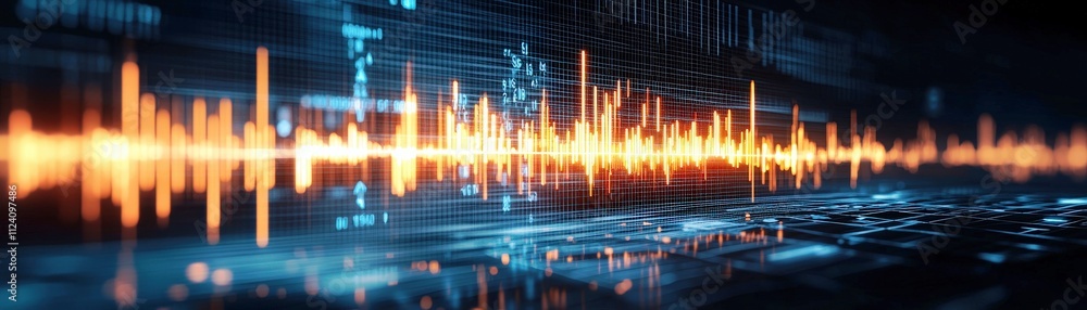 Poster abstract sound wave visualization with orange and blue colors representing music and audio data