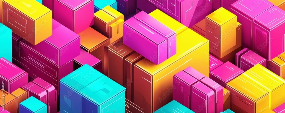 Poster abstract colorful geometric shapes forming a vibrant 3d landscape with vivid hues and distinct dimen