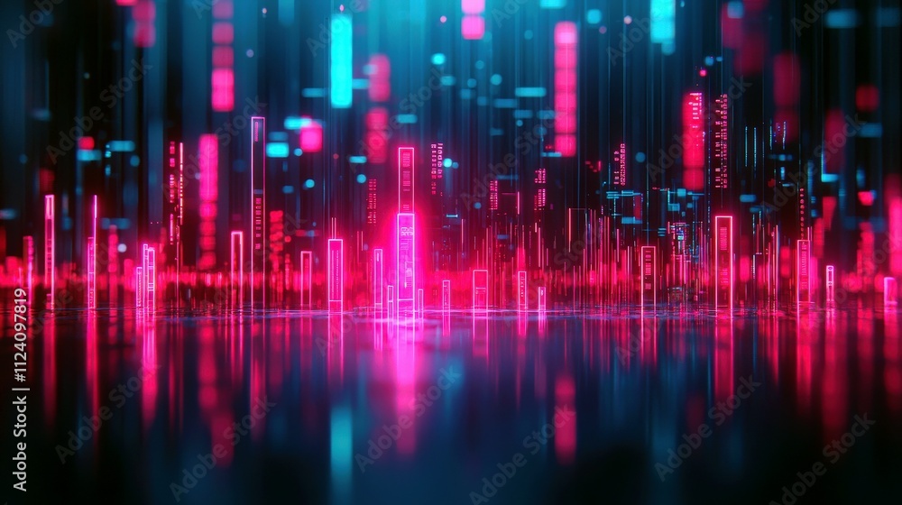 Poster futuristic neon lights and data visualization in abstract digital landscape with reflections