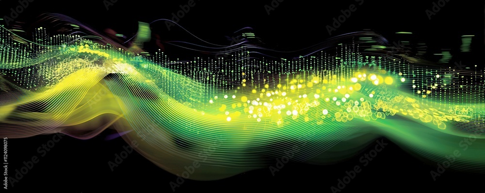 Poster abstract colorful wave with glowing particles and digital elements on a dark background for design a