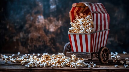 A vibrant and artistic composition of a vintage popcorn machine dispensing fluffy popcorn into a classic striped tub, surrounded by an array of spilled kernels on a rustic wooden table, illuminated by