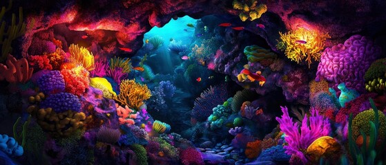 Fototapeta premium Divers explore colorful coral cave underwater gigapixel